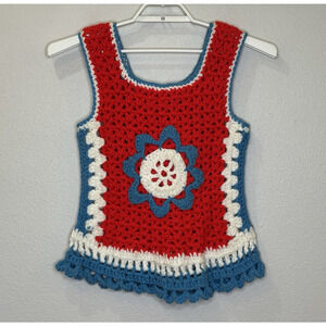 Crochet Hippie Retro Sweater Handmade‎ Small Red White Blue Flower Sleeveless